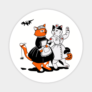 two cats in costumes nurse and maid trick and threats Magnet